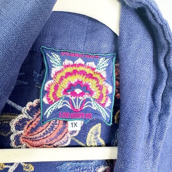 Johnny Was Women Cardigan Tivva Linen Embroidered Floral 3/4 Sleeve Navy Size 1X - Picture 7 of 8